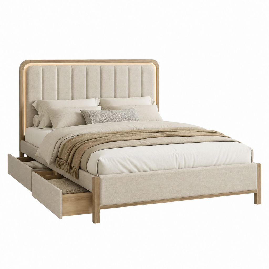 Stauraumbett Doppelbett Beige mit gepolstertem Kopfteil und Schublade aus Massivholz 160 x 200 cm
