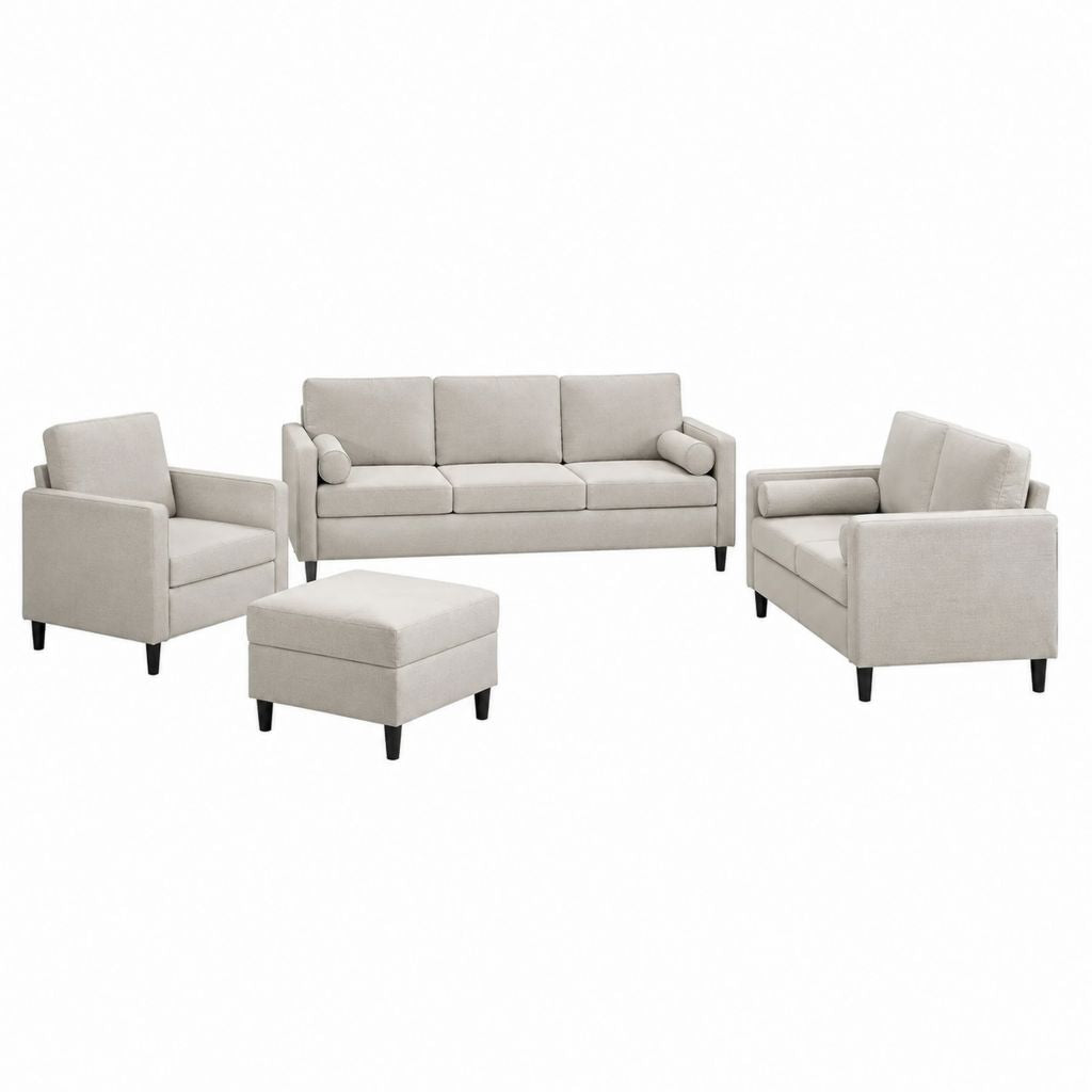 Sitzgruppe 4-teilig Beige Polyester mit 3-Sitzer Sofa 2 Sesseln und Hocker 200 x 85 x 86 cm