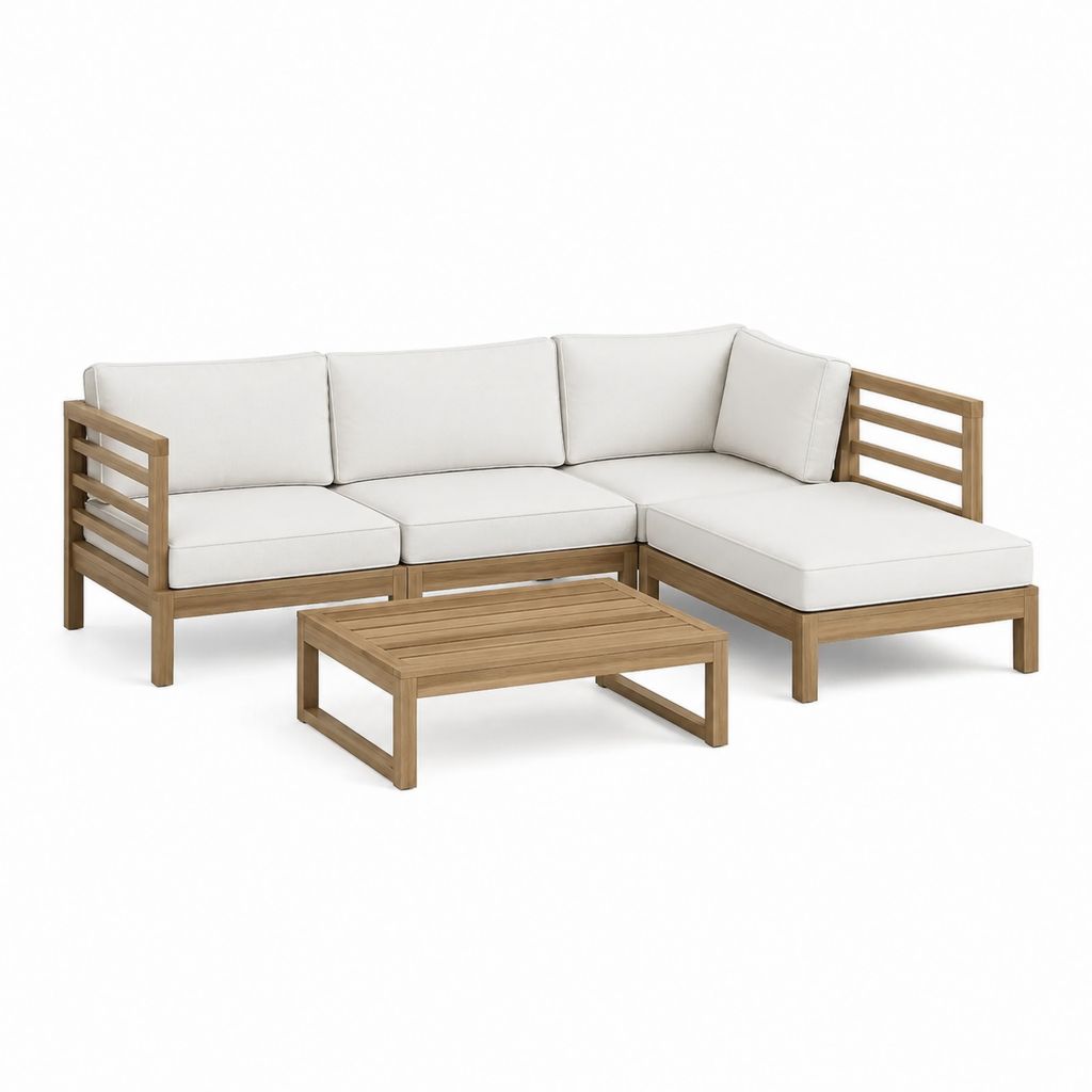 Gartenlounge Set L-Form aus Akazien-Massivholz natur mit cremefarbenen Polyesterpolstern 225 x 145 cm