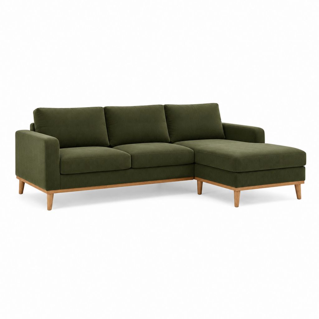 Ecksofa mit Recamiere rechts 3-Sitzer olivgrüner Polyester-Cord L-Form 230 x 150 x 85 cm
