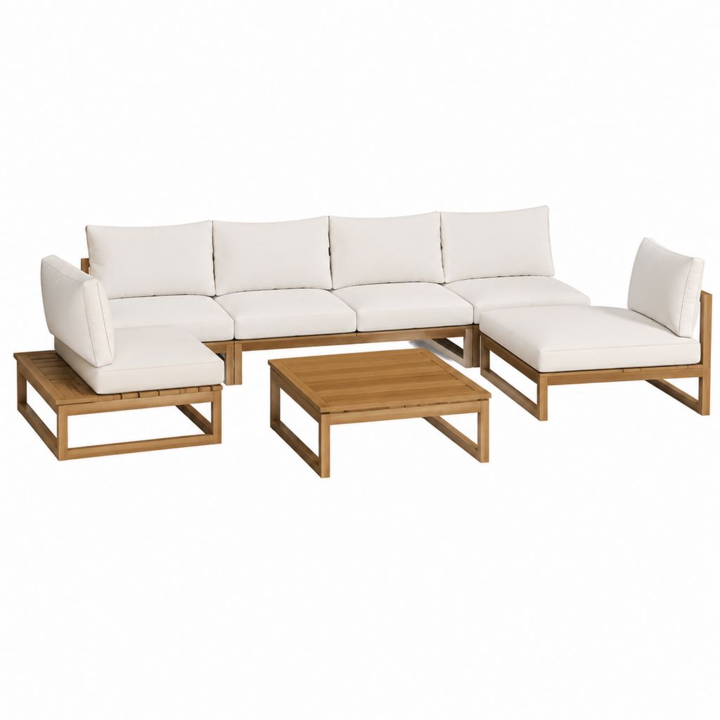 5-teiliges Gartenlounge-Set Naturbraun Creme aus Akazien-Massivholz mit rechteckigem Couchtisch 280 x 145 x 65 cm