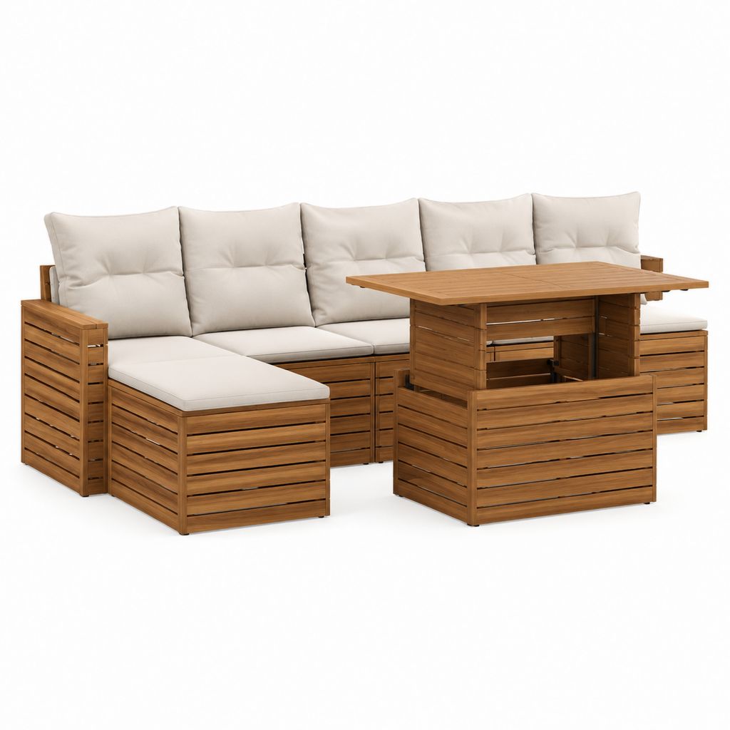 5-teiliges Gartensofa-Set Natur Massivholz Akazie mit cremefarbenen Polyesterkissen 280 x 70 x 70 cm