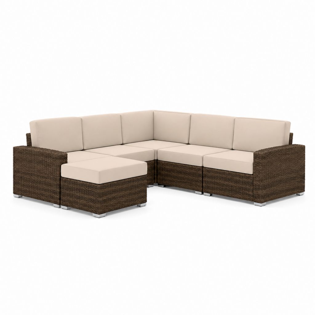 6-teiliges Gartenlounge Set Polyrattan Braun Creme L-Form 280 x 210 x 65 cm