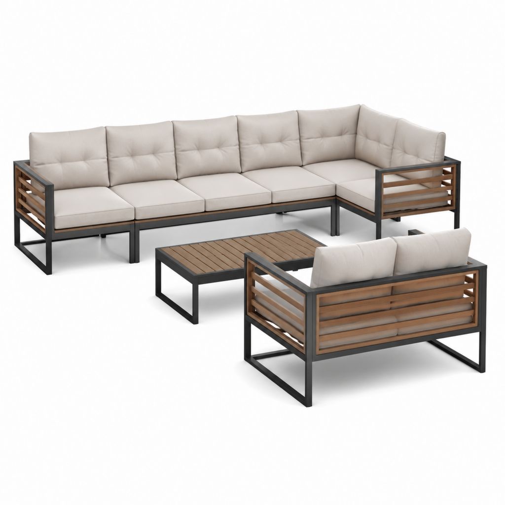 4-teiliges Gartenlounge-Set Beige mit Stahlgestell Akazienholz Ecksofa 244 x 184 cm und Couchtisch 100 x 60 cm