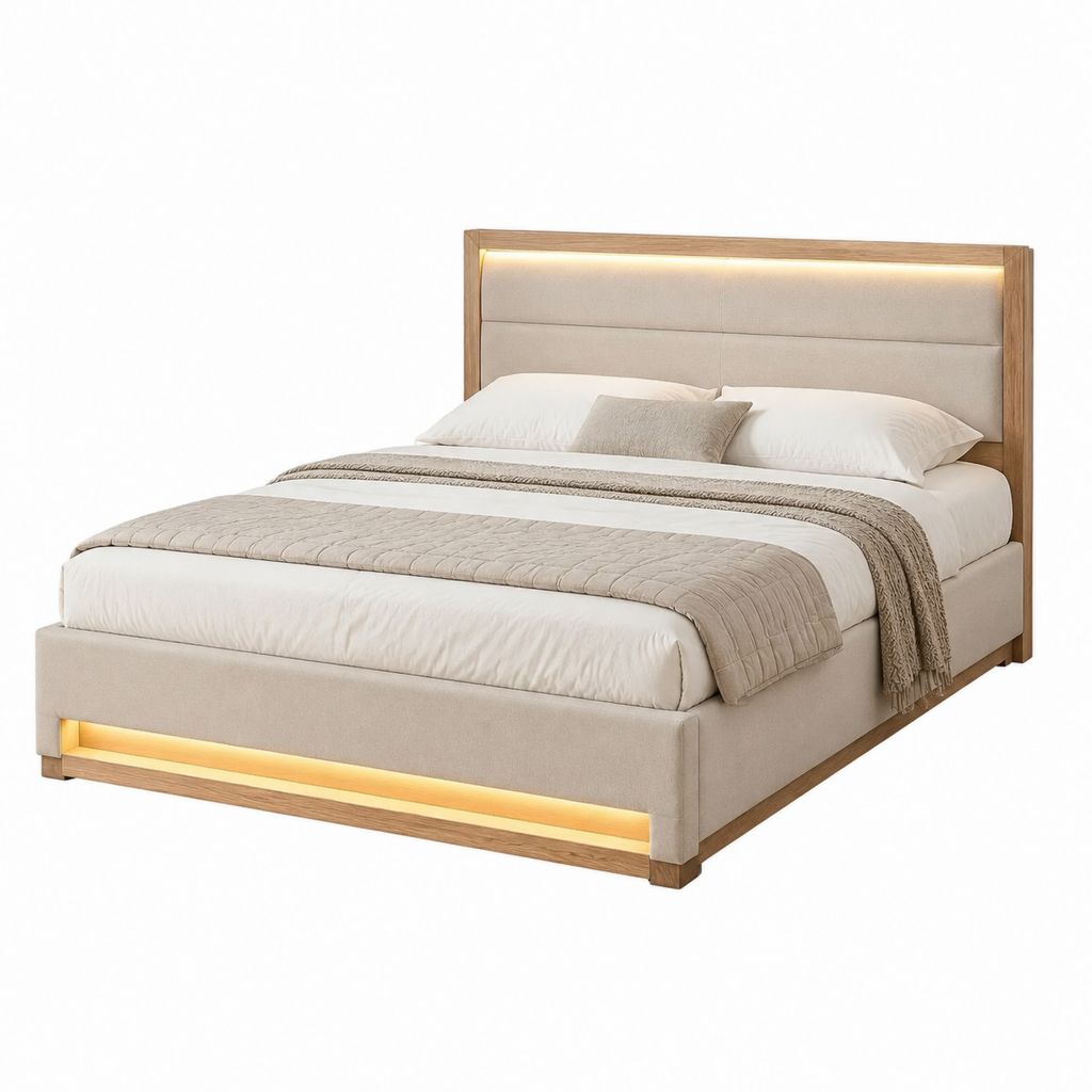 Stauraumbett Polsterbett Beige Spanplatte und Polyester Rechteckig 180 x 200 cm mit LED-Beleuchtung