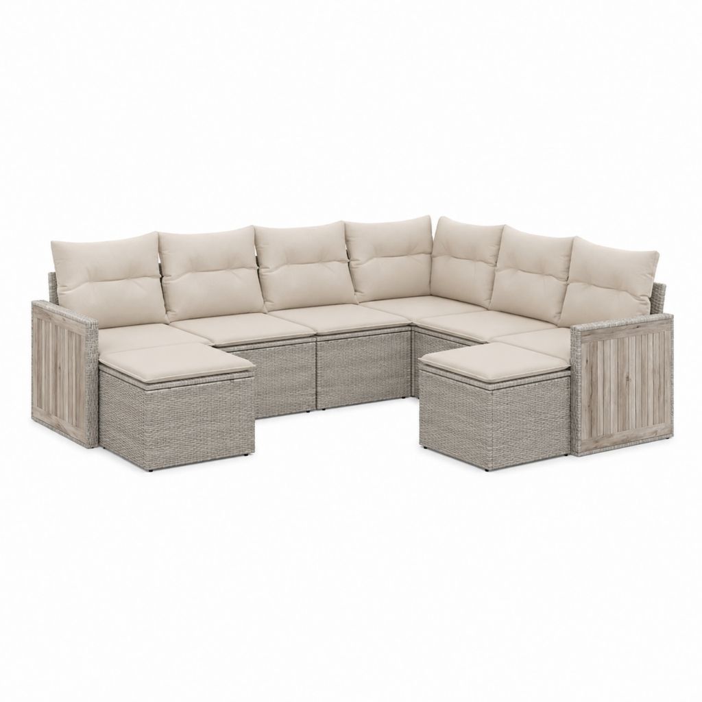 7-teiliges Gartenlounge Set Beige mit PE-Geflecht Akazienholz und zwei Hockern 280 x 210 x 75 cm