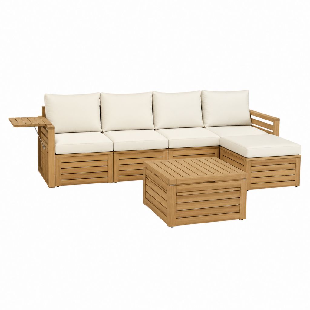 Gartenlounge Set aus Akazienholz Natur mit cremefarbenen Polyesterkissen L-Form 250 x 190 cm