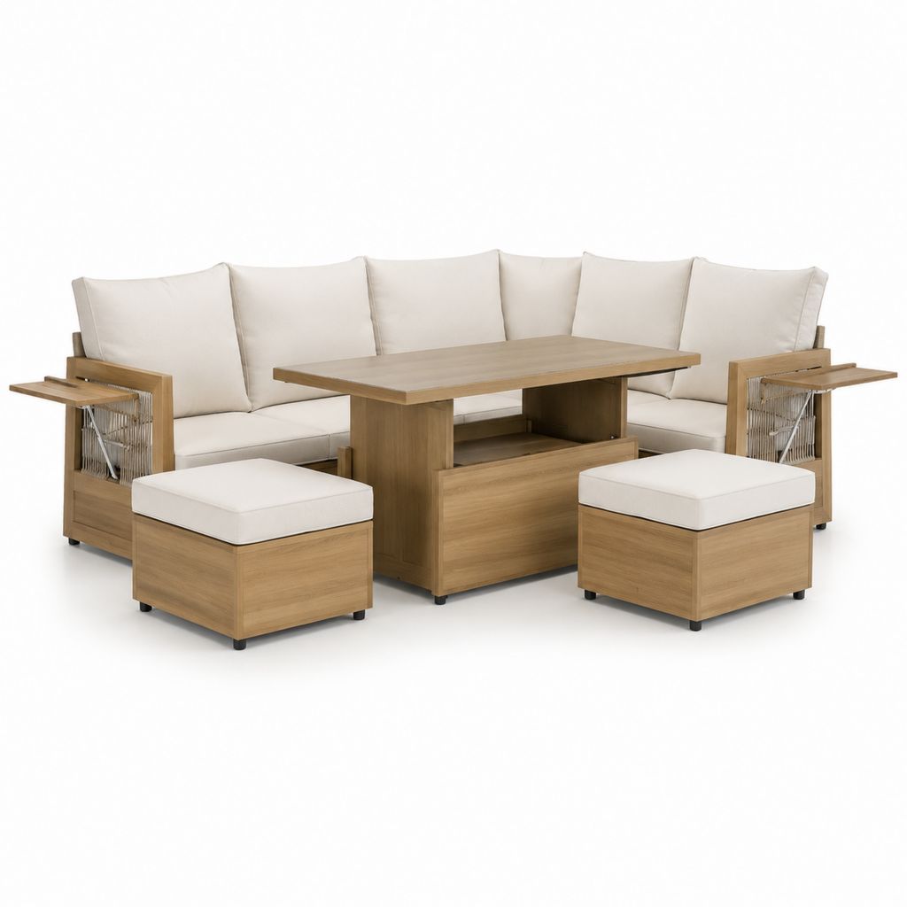 4-teiliges Gartenlounge Set Ecksofa mit Tisch und 2 Hockern Beige Aluminium Holzoptik Ecksofa 250 x 250 cm Tisch 120 x 70 cm
