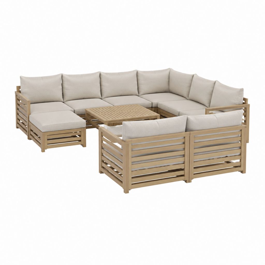 9-teiliges Gartensofa Set Natur aus massivem Akazienholz U-Form mit beigen Polyesterkissen Sitzmodule 70 x 70 x 60 cm Tisch 68 x 68 x 30 cm